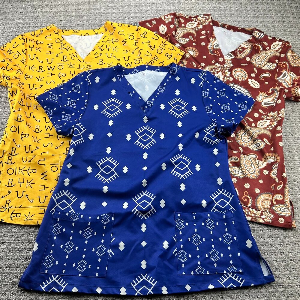 Lot of 3 Spurrin' Scrubs Top Women Size L Blue Gold and Brown Uniform Medical
